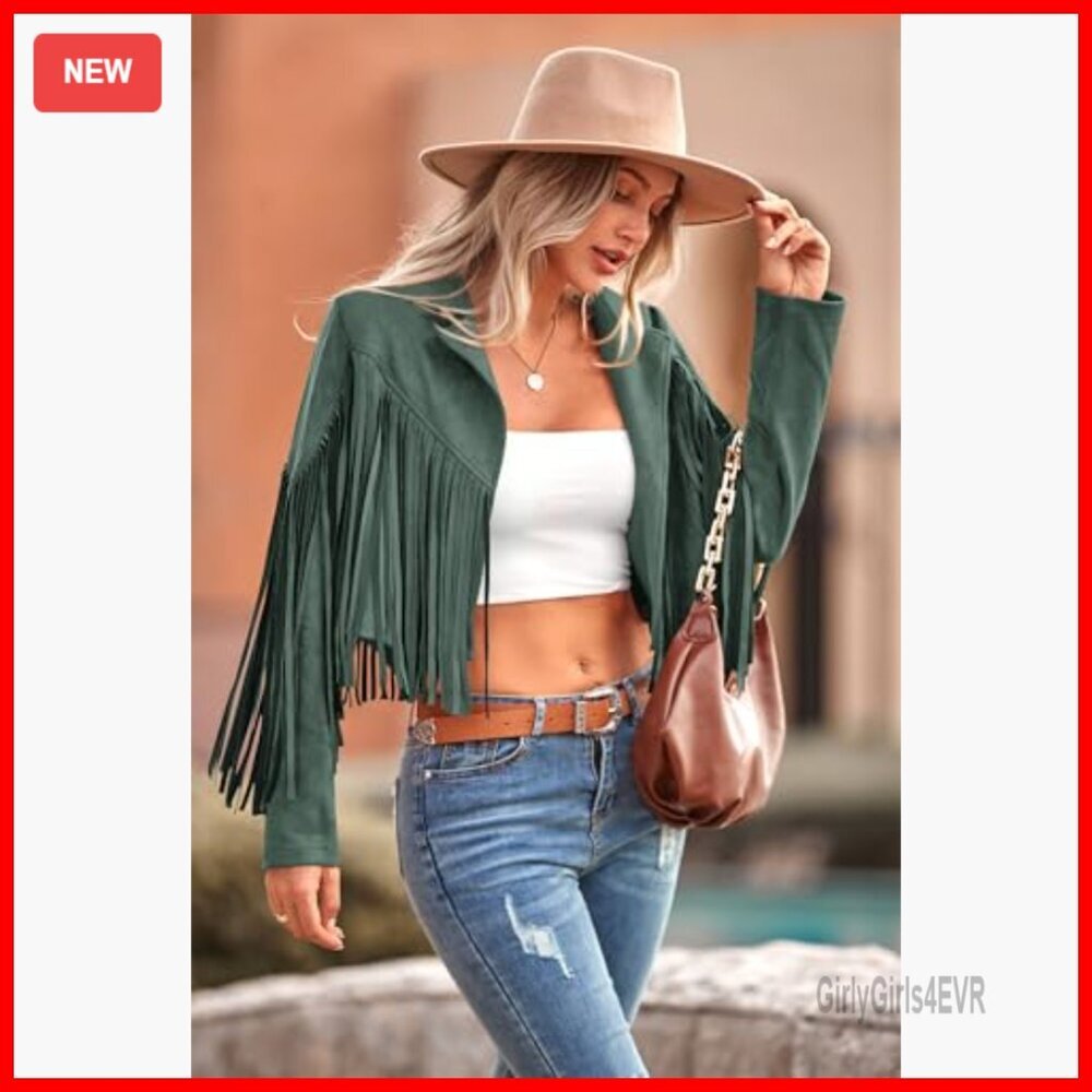 Faux Suede Fringe Cropped Jacket, Motorcycle Style, OEKO-TEX Certified - Picture 4 of 7